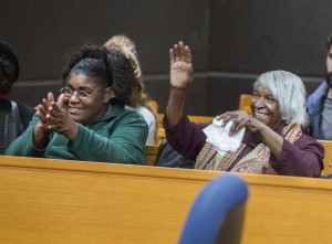 DAVID ZALAZNIK/JOURNAL STAR Cleve Heidelberg's sister, Mae Winston, right, and her daughter, Wanda Figgers, send wishes to Heidelberg at the end of the hearing Thursday at the Peoria County Courthouse. Heidelberg was granted progression to a third stage evidentiary hearing in his effort to overturn his decades-old murder conviction.