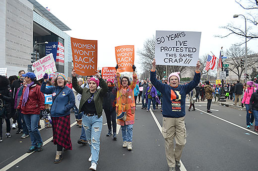 Terry Galvin Matthews and Barbara Pierce, second from right, march on Pennsylvania Avenue toward the White House. The women traveled to Washington, D.C., by bus from Morton for the Women’s March on Jan. 21. For more photos from the marches in Washington and Peoria, see page 16.