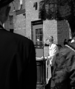 About 50 people, many in Civil War era fashion, listened as Theo Kenyon spoke at a ceremony April 11 about her late husband’s dedication to historic preservation. She was the primary donor of funds for construction of an elevator for the Grand Army of the Republic Greenhut Memorial Hall, 416 Hamilton Boulevard. Her husband, Leslie Kenyon, is widely credited with saving the G.A.R. Hall as well as many other historic structures in Peoria.