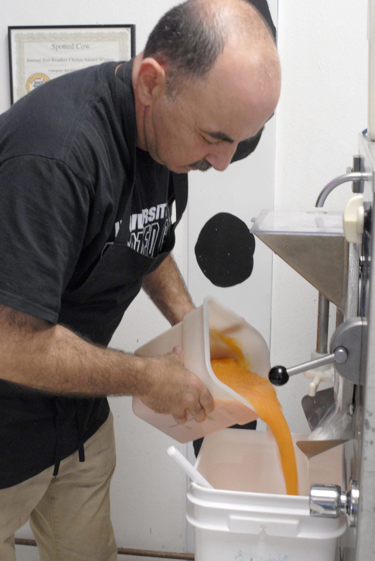 PHOTO BY CLARE HOWARD Frank Abdnour pours pureed Hearts of Gold cantaloupe into a fresh batch of vanilla ice cream. Every year, just as melons ripen in the sandy river soils of Spring Bay, Abdnour’s thoughts turn to cantaloupe ice cream, a creation inspired by memories of a late-summer dessert served by his mother Frieda, now 96. She used to serve vanilla ice cream in half a cantaloupe. Every year in mid-August, Doug Day delivers Hearts of Gold cantaloupe raised on his chemical-free Spring Bay farm to Abdnour’s restaurant, The Spotted Cow, 718 W. Glen Ave. Hearts of Gold cantaloupe ice cream will be for sale at The Spotted Cow through the end of September.